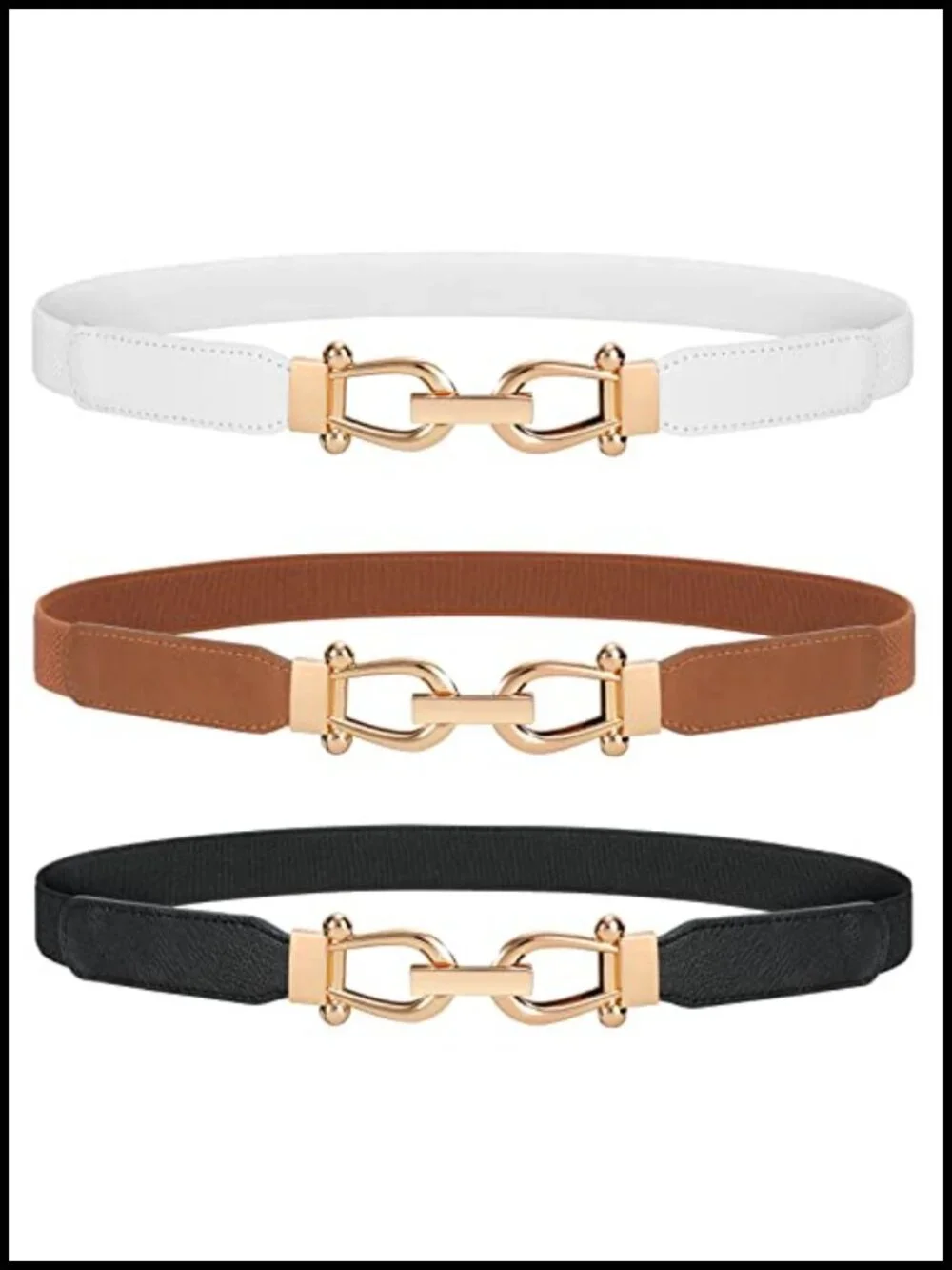 Stretchy Skinny Waist Belt with Gold Buckle - Elastic Leather Ladies Belt